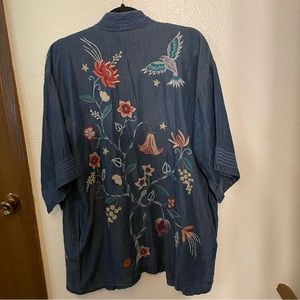 Johnny Was Viola Kimono Tencel Denim M/L Embroidery Birds Flowers